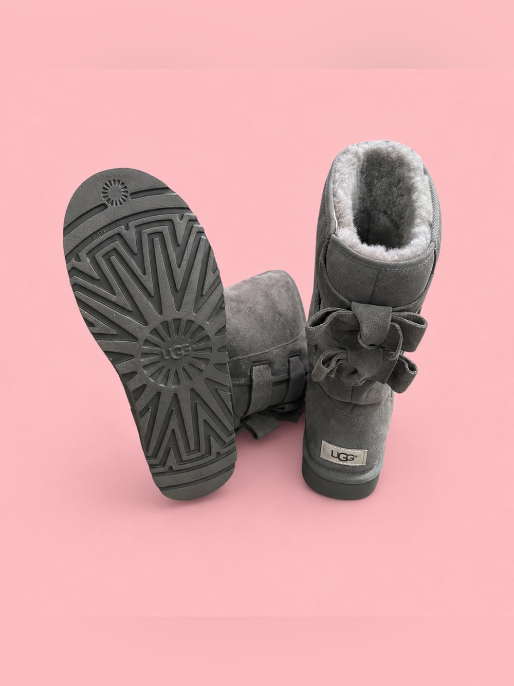UGG Gray Winter Boots with Plush Lining and Bows - Picture 5 of 6